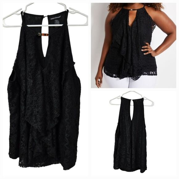 Ashley Stewart Size 18/20 Black Lace Ruffle Keyhole Bar Neck Top Plus 2x Frilly - Picture 1 of 15